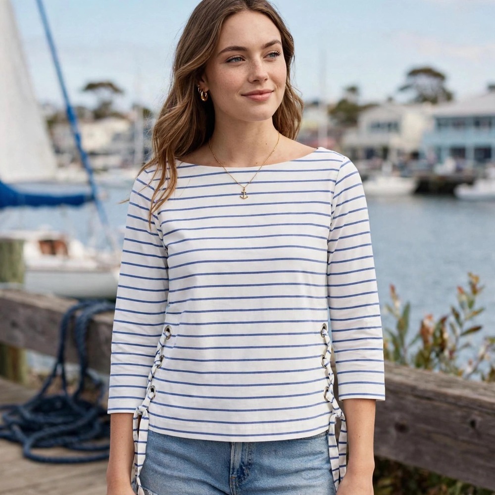 Banana Republic Striped Boatneck Lace Up Side Top Blue White Petite XS